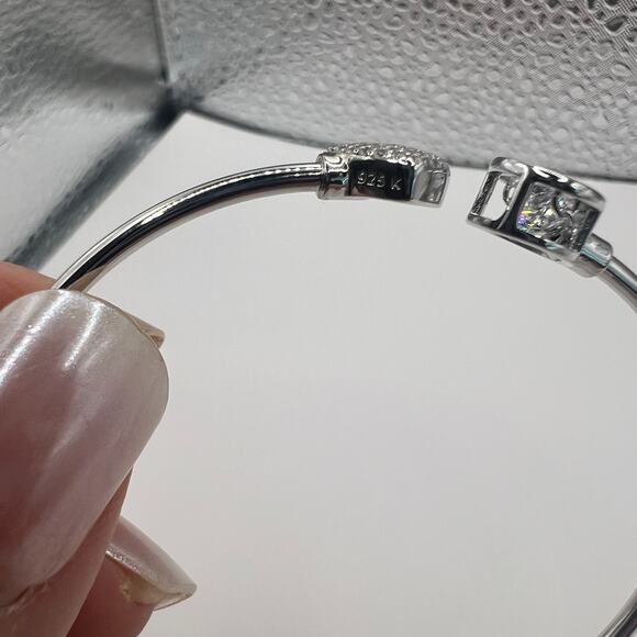 Round Cubic Zirconia Heart Shaped Bridal Bangle Bracelet Sterling Silver - Picture 3 of 4